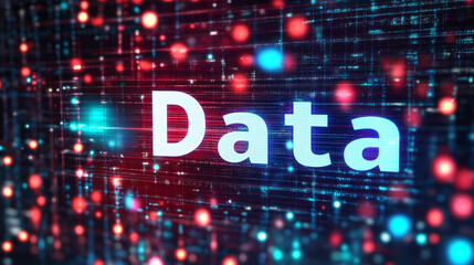 The word Data in white letters on a futuristic digital background with red and blue lights.