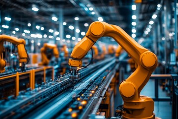 Canvas Print - Robotic arm in an industrial assembly line illustrating the precision efficiency and advanced automation in modern manufacturing technology within a high tech factory environment