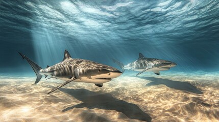 Wall Mural - Two Tiger Sharks Swimming in Clear Ocean Water