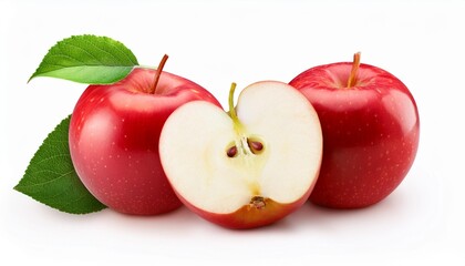 Poster - ripe red apple fruit with apple half and green leaf isolated on white background apples and leaf with clipping path