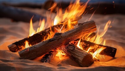 close up of a campfire with bright flames and burning logs surrounded by sand