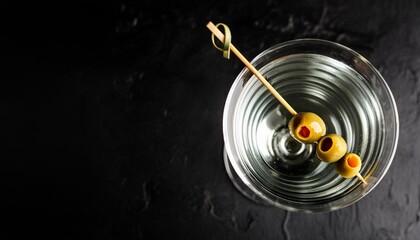 martini a glass with spicy olives on a toothpick on a black background alcoholic cold drink overhead shot with copy space