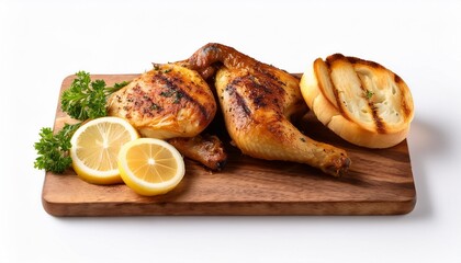 chicken with lemon amd grilled bread on wooden board