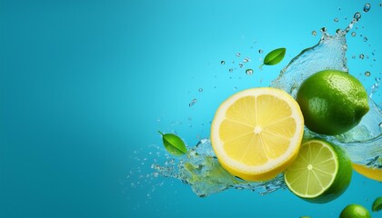 Poster - lemon and lime with splashes of water on a blue background with copy space refreshing image for the site