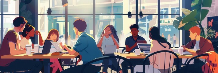 Aufkleber - A group of young entrepreneurs collaborates in a trendy cafe, surrounded by laptops, notebooks, and coffee cups, sharing ideas and insights. Generative AI