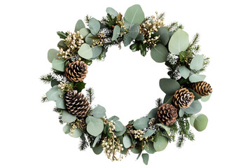 Wall Mural - Elegant wreath featuring green eucalyptus leaves and pine cones, perfect for seasonal decor and festive celebrations.