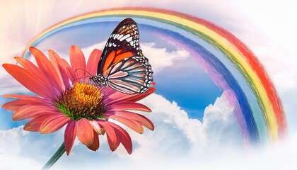 a wondrous watercolor illustration of a butterfly perched on a flower with a rainbow in the background