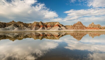 Sticker - perfect reflection of the detailed ridges of badlands in still water creating a symmetrical visual illusion of this rugged landscape under a cloud speckled sky