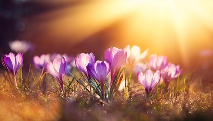 Wall Mural - spring flowers crocus blossoms on grass with sunlight