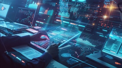 Cyberpunk Data Analyst Working on Complex Data