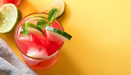 Wall Mural - refreshing watermelon lemonade spritzer with lime and mint on sunny yellow table