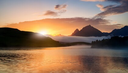 Poster - tranquil sunset over misty mountains and calm waters