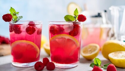 Wall Mural - spring or summer refreshing cold cocktail or mocktail with berries and lemon raspberry lemonade