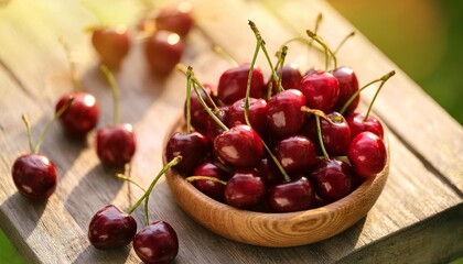 tasty ripe red cherries in wooden plate outdoors