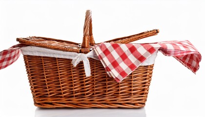 one open picnic wicker basket with checkered napkin isolated on white