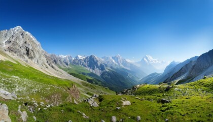 Poster - a breathtaking digital illustration of a vast mountain landscape with lush greenery towering peaks and scattered rocks under a clear blue sky