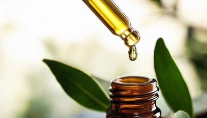 Sticker - close up shot of tea tree leaves dripping essential oil into bottle