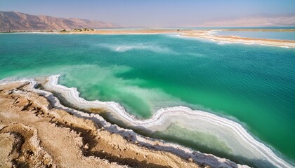 Poster - dead sea salt lake surface shore and beach