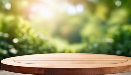 Wall Mural - empty round wooden tabletop providing space for product placement on blurred green nature background