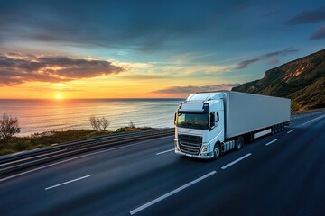 A transport truck speeding along a coastal highway at sunset, with motion blur enhancing the sense of rapid movement and efficient logistics