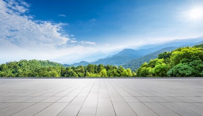 Wall Mural - empty square floor and green forest with mountain natural landscape under blue sky