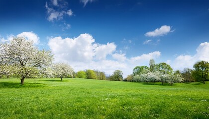 Wall Mural - a serene spring landscape with lush green grass blooming trees and a bright blue sky dotted with fluffy white clouds