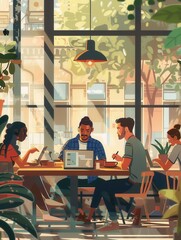 Aufkleber - A group of young entrepreneurs works together in a trendy café, surrounded by laptops and coffee, exchanging ideas and notes in a relaxed atmosphere. Generative AI