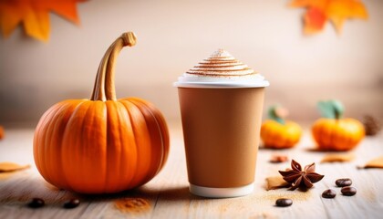 pumpkin spice latte autumn coffee in a paper cup