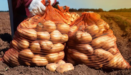 harvesting potatoes in the autumn potato tubers in the bags