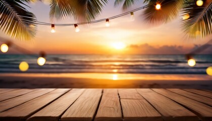 Wall Mural - wooden table with defocused tropical beach sunset in background adorned with string lights and palm leaves creating a serene ambiance