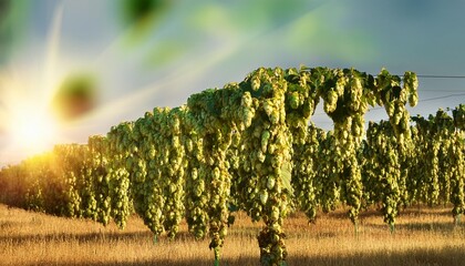 Wall Mural - sunlit green hops buds ready for harvest in field