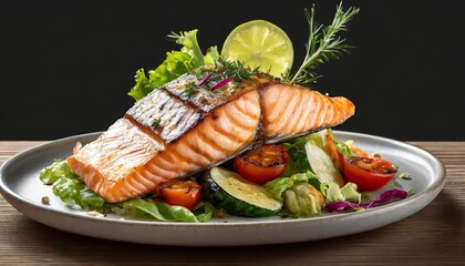 A grilled salmon piece rests on fresh vegetables, beautifully presented on a transparent background with vivid colors and crisp, clear details.