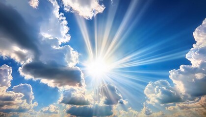 Wall Mural - the sun shining through the clouds in a blue sky with beams of light coming from the center of the clouds