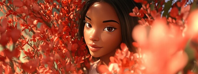 3D Cartoon of a Beautiful African American Teenage Girl Surrounded by Red Flowers in an Outdoor Scene