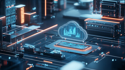 illustrating cloud services, with data flowing seamlessly between interconnected cloud platforms, professionals accessing and managing cloud-based applications.