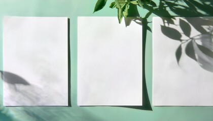 Canvas Print - 3 vertical sheets of white textured paper on a pastel green wall background mockup with an overlay of plant shadows natural light casts shadows from the tree s foliage