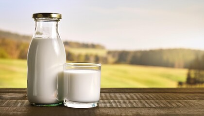 a glass of milk and a bottle of milk on the table