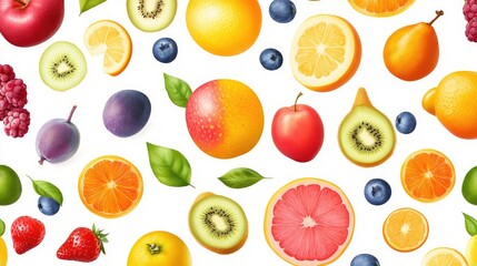 Wall Mural - Seamless pattern of colorful fruits on a white background, providing ample space for text or design.