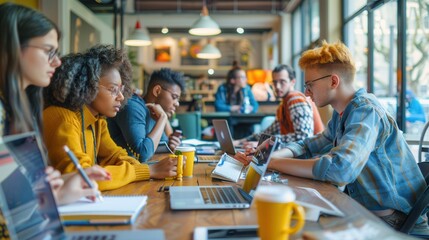 Poster - Young entrepreneurs engage in discussion, sharing ideas and working on projects over laptops and coffee in a lively cafe atmosphere. Generative AI