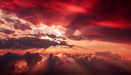 Wall Mural - dramatic burgundy red clouds with sunlight rays background from generative ai