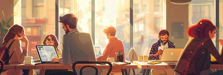 Aufkleber - A group of young entrepreneurs discusses ideas and works on laptops at a bustling cafe, surrounded by coffee cups and notepads. Generative AI