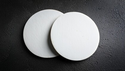 two blank white beer coasters on black plaster background selective focus