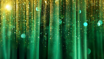 Wall Mural - magical green curtain with golden sequins green background with golden glittering dust particles and iridescent depth of field abstract green background with tints of gold sparkles and blue shades