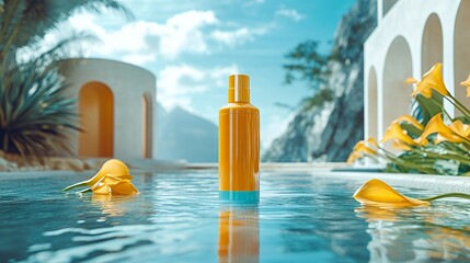 A yellow sunscreen bottle floats in a pool of water surrounded by tropical plants.