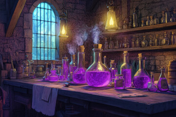 A room with two purple vials of liquid on a table