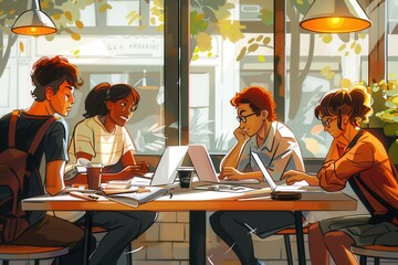 Aufkleber - Young entrepreneurs engage in a collaborative session, surrounded by laptops and coffee cups, sharing ideas in a vibrant café. Generative AI