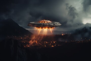 Wall Mural - UFO Over a Mysterious Landscape - Sci-Fi Artwork