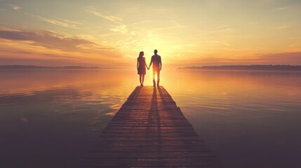 Poster - Couple Silhouettes Holding Hands on Wooden Pier at Sunset Over Lake