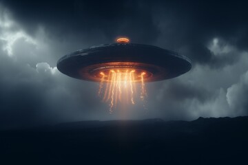 Wall Mural - mysterious ufo hovering over dark landscape