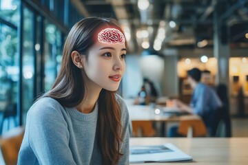 Wall Mural - Woman with a glowing brain working in a modern office environment symbolizing the fusion of technology cognitive processes and productivity in a high tech professional setting